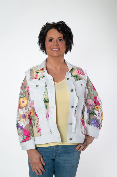 Floral Appliqué Denim Jacket - White/Multicolor
