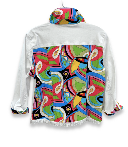 AZI Pucci Print Back Panel Jean Jacket - White/Multicolor