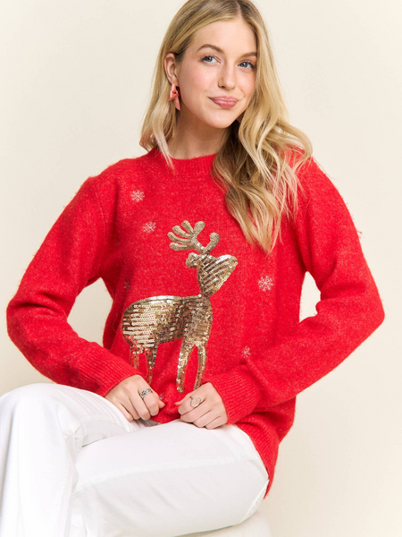 Adora Sequin Reindeer Sweater - Red