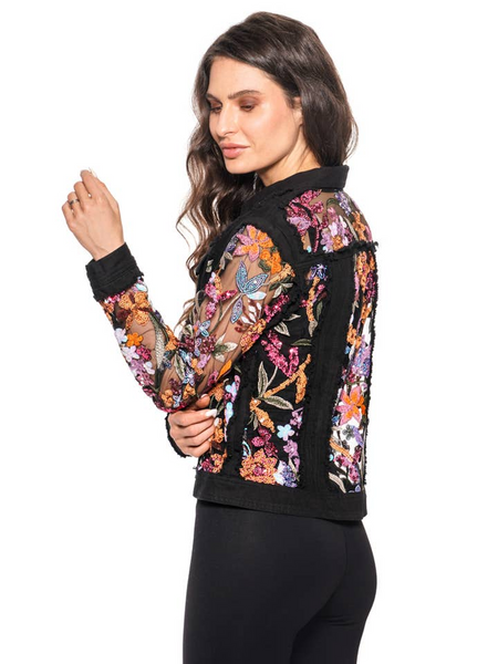 Adore Apparel Denim Jacket with Floral Sequin Embroidery - Black/Pink