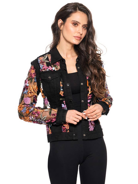 Adore Apparel Denim Jacket with Floral Sequin Embroidery - Black/Pink