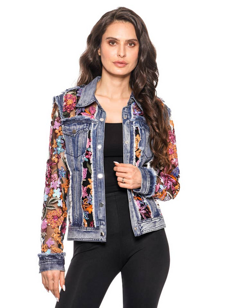 Adore Apparel Denim Jacket with Floral Sequin Embroidery - Blue/Pink