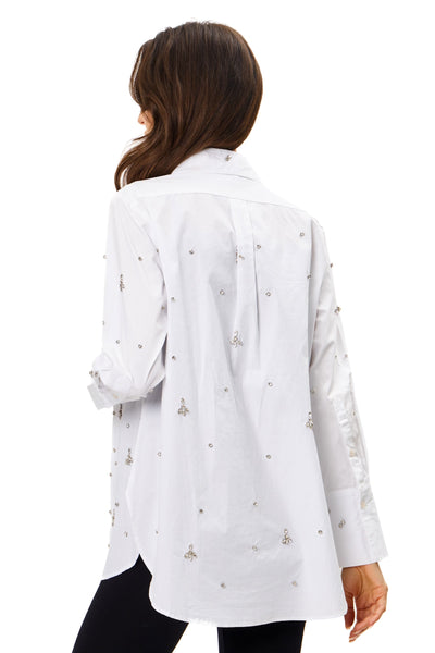 Adore Apparel Crystal Embellished Button Front Long Sleeve Blouse - White