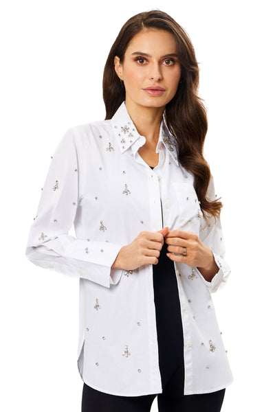 Adore Apparel Crystal Embellished Button Front Long Sleeve Blouse - White
