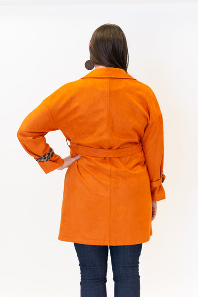Adore Apparel Faux Suede Leopard Print Tie Cuff Detail Belted Jacket - Orange