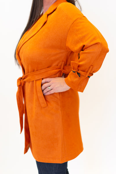 Adore Apparel Faux Suede Leopard Print Tie Cuff Detail Belted Jacket - Orange *Take an EXTRA 1/2 Off*
