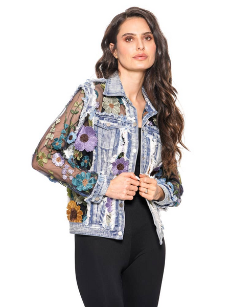 Adore Apparel Floral Fantasy Embroidered Denim Jacket - Blue/Multicolor