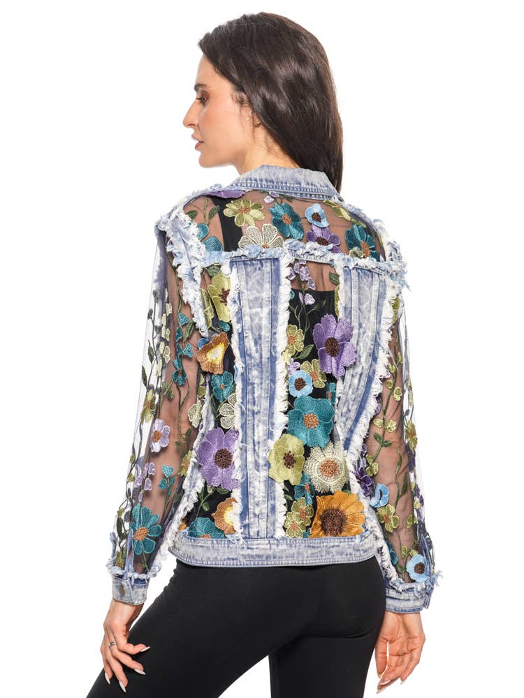 Adore Apparel Floral Fantasy Embroidered Denim Jacket - Blue/Multicolor