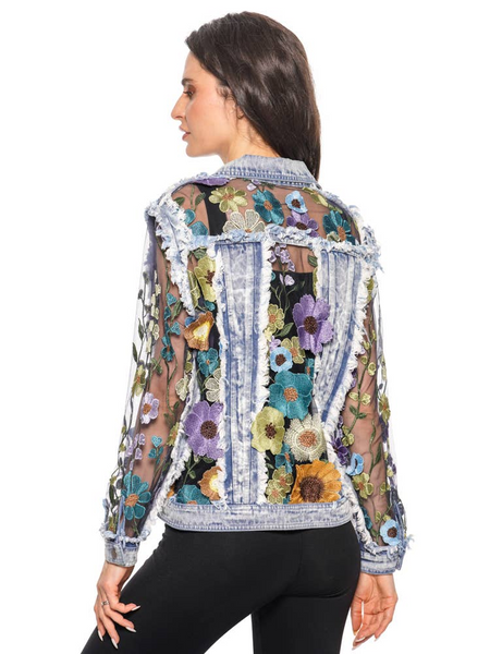 Adore Apparel Floral Fantasy Embroidered Denim Jacket - Blue/Multicolor