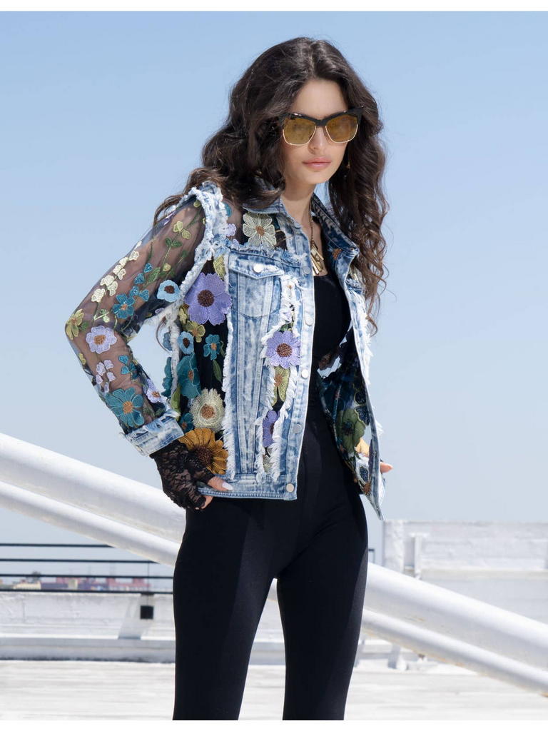 Adore Apparel Floral Fantasy Embroidered Denim Jacket - Blue/Multicolor