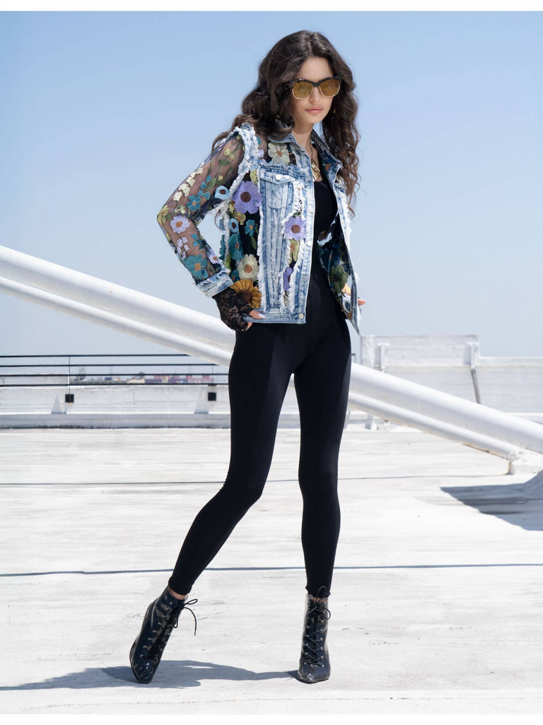Adore Apparel Floral Fantasy Embroidered Denim Jacket - Blue/Multicolor