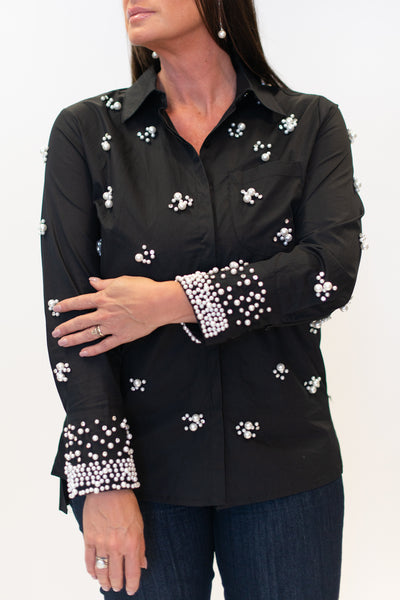 Adore Apparel Pearl Embroidered Button Front Cotton Blouse - Black