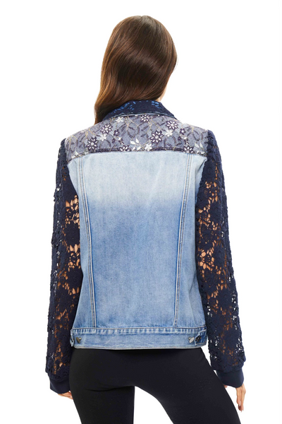 Adore Apparel Floral Lace Denim Jacket - Blue