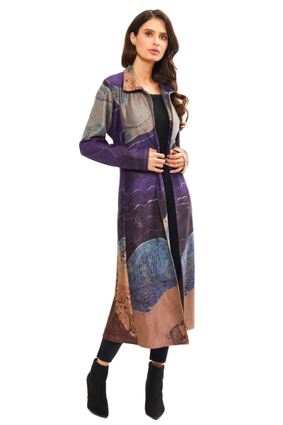 Adore Apparel Abstract Print Faux Suede Duster - Purple/Multicolor