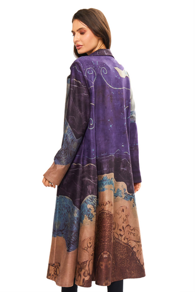 Adore Apparel Abstract Print Faux Suede Duster - Purple/Multicolor