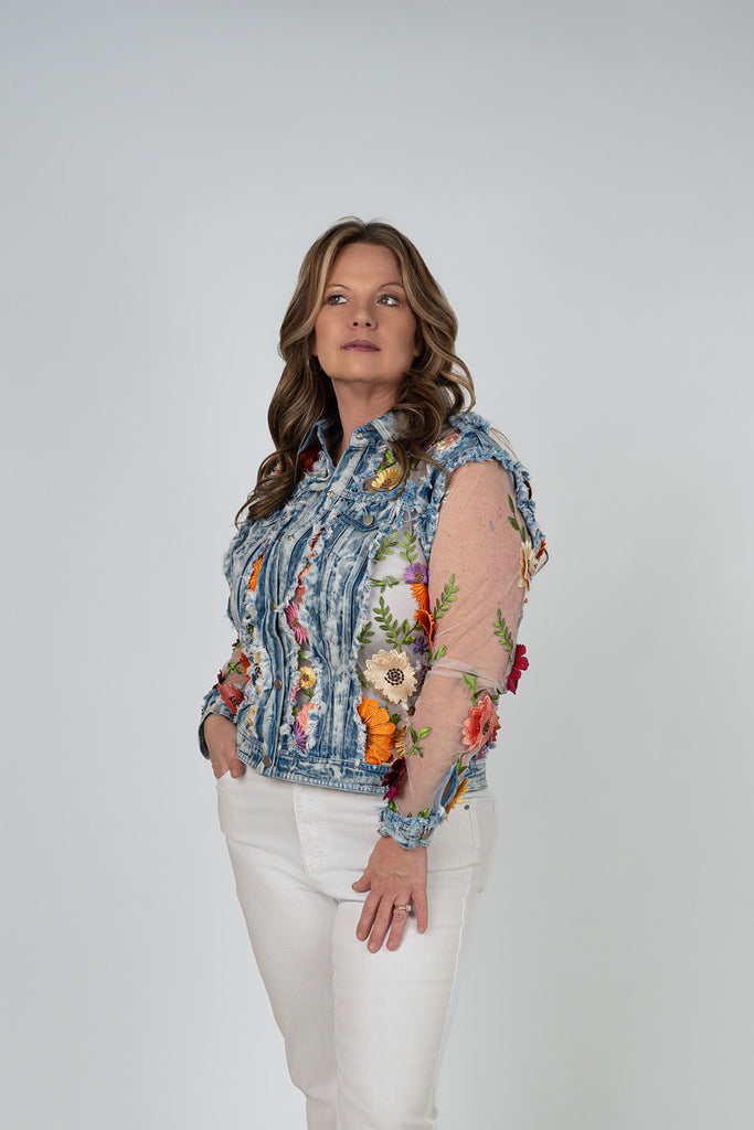 Adore Apparel Floral Appliqué and Distressed Denim Jacket - Blue/Multicolor