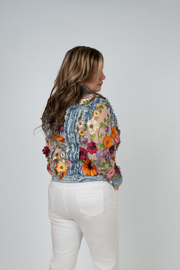 Adore Apparel Floral Appliqué and Distressed Denim Jacket - Blue/Multicolor