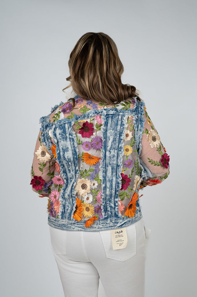 Adore Apparel Floral Appliqué and Distressed Denim Jacket - Blue/Multicolor