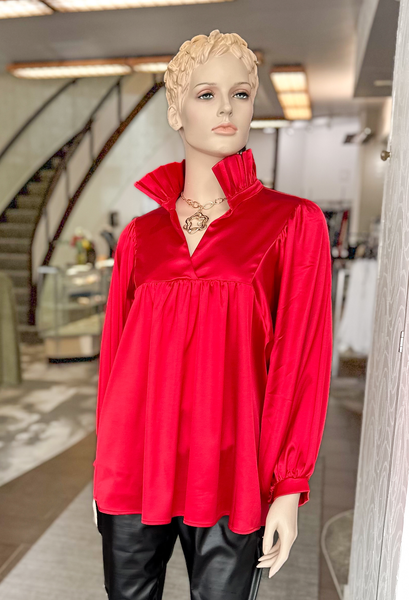 Adrienne Morgan High Collar Satin Top - Chili Pepper