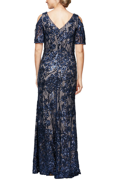 Alex Evenings Long V-Neck A-Line Dress - Navy/Nude