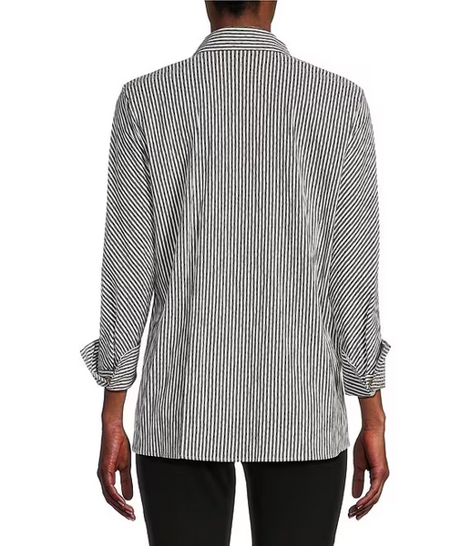 Ali Miles Y-Neckline Striped Crinkle Tunic - Black/White