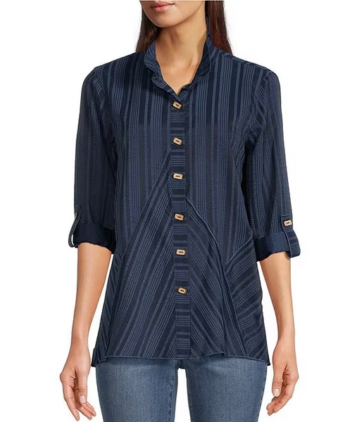 Ali Miles Textured Stripe Wire Collar Tab Sleeve Blouse - Dark Navy