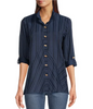 Image of Ali Miles Textured Stripe Wire Collar Tab Sleeve Blouse - Dark Navy