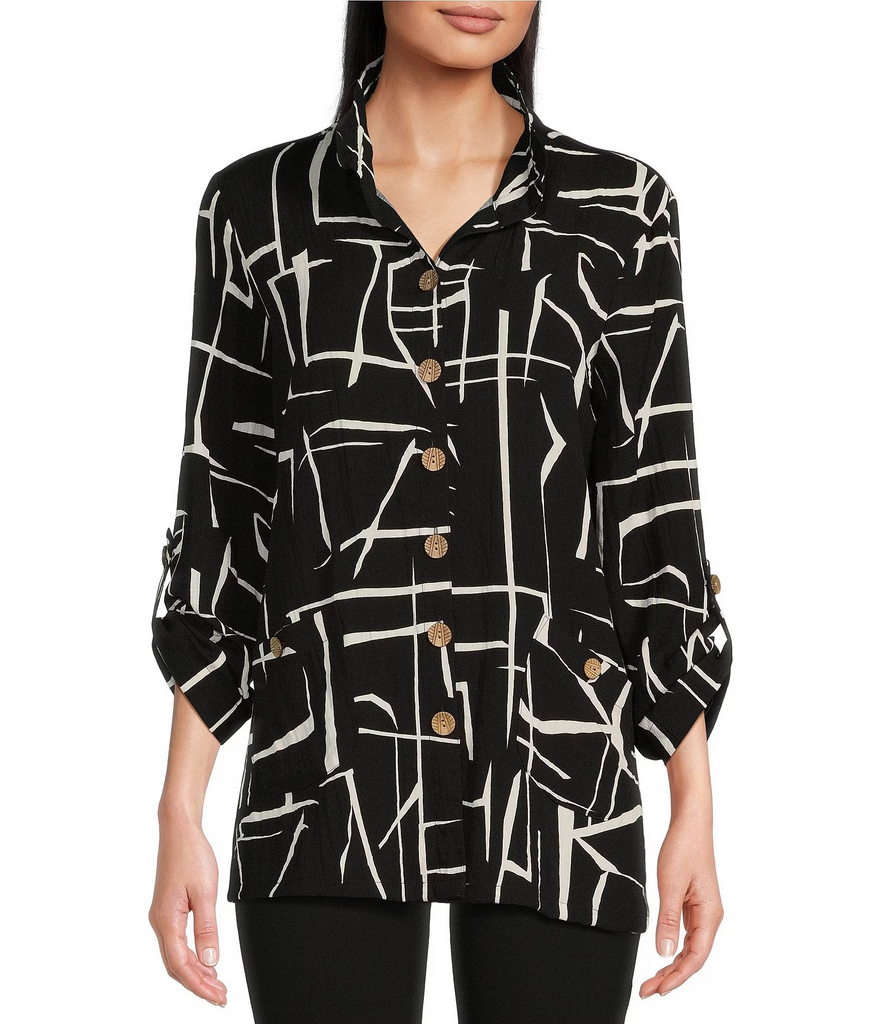 Ali Miles Abstract Print Wire Collar Tab Sleeve Blouse - Black/White