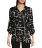 Image of Ali Miles Abstract Print Wire Collar Tab Sleeve Blouse - Black/White