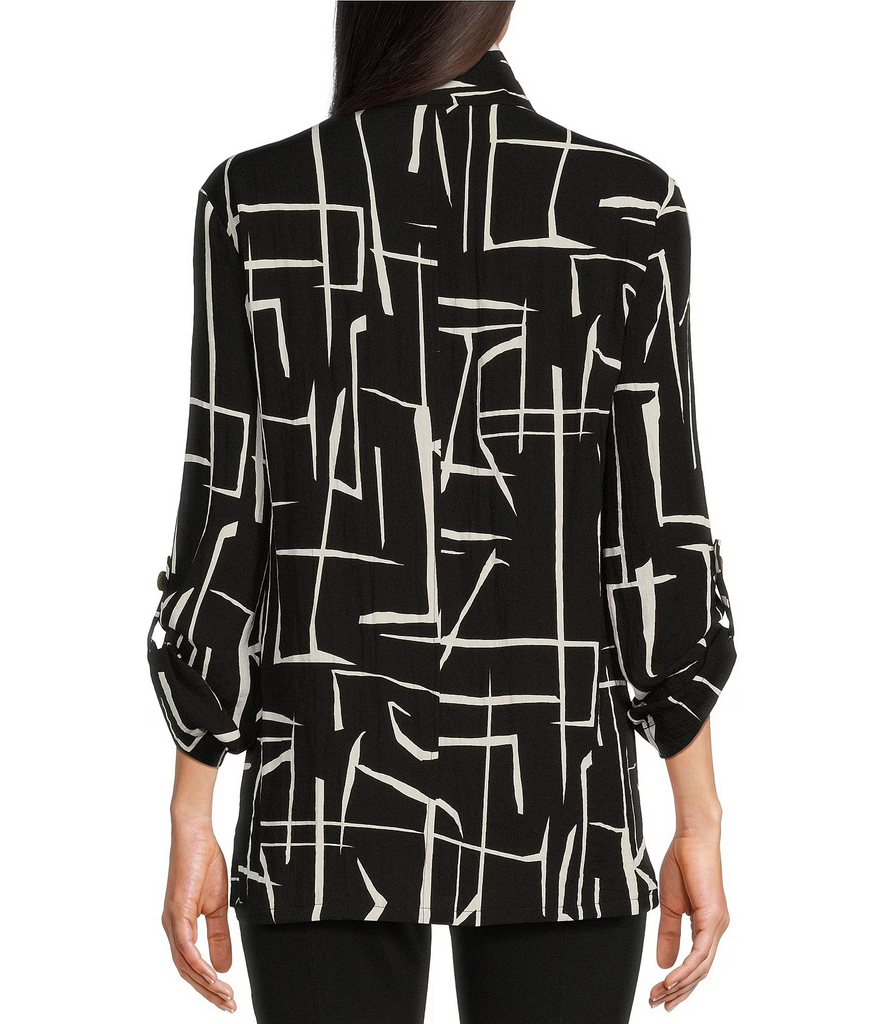 Ali Miles Abstract Print Wire Collar Tab Sleeve Blouse - Black/White