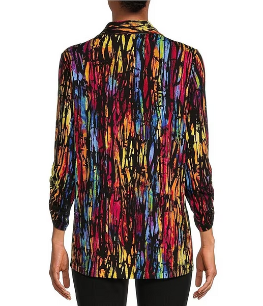 Ali Miles Crinkle Knit Hi/Low Button Front Tunic Blouse - Line Multi