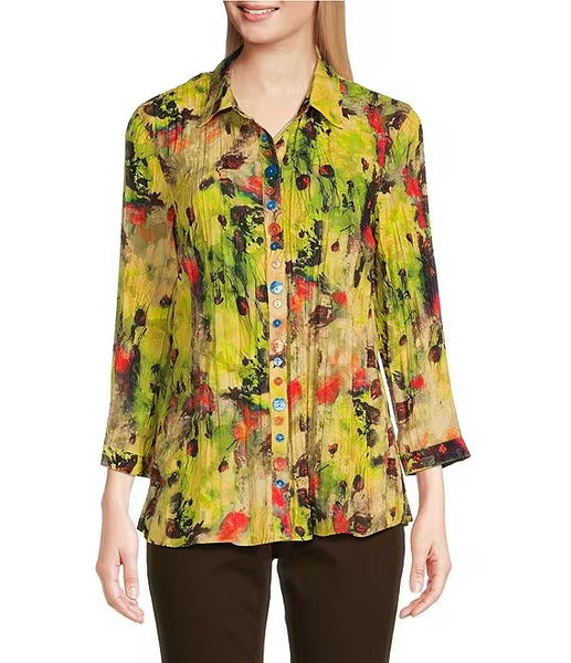 Ali Miles Crinkle Point Collar 3/4 Sleeve Button Front Blouse - Multi