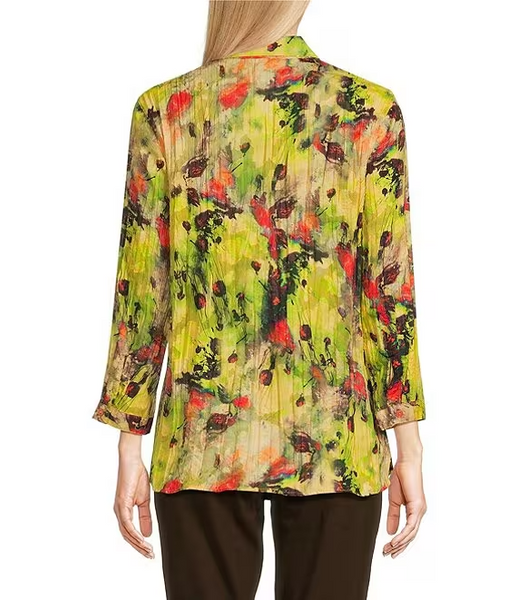 Ali Miles Crinkle Point Collar 3/4 Sleeve Button Front Blouse - Multi