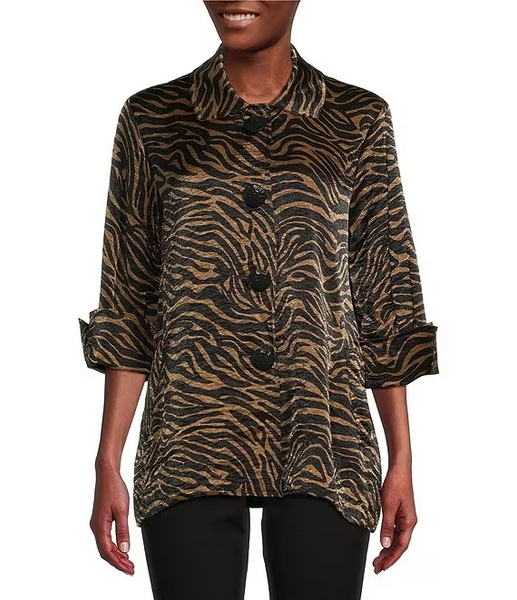 Ali Miles Shimmer Print Button Front Tunic Blouse - Zebra