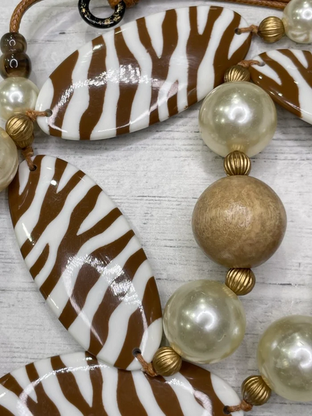 Alisha.D Zebra and Pearl Adjustable Statement Necklace - Brown/Beige/White