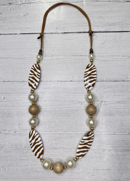 Alisha.D Zebra and Pearl Adjustable Statement Necklace - Brown/Beige/White