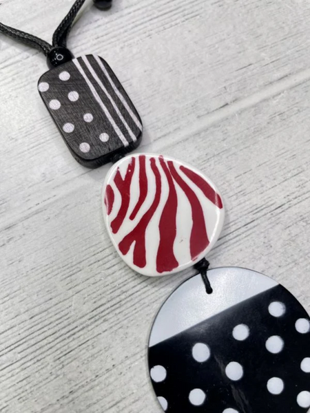Alisha.D Stripes and Dots Drop Pendant Adjustable Necklace - Black/White/Red
