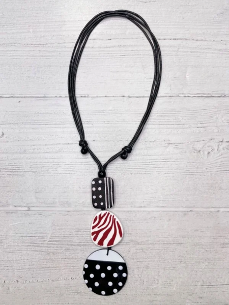 Alisha.D Stripes and Dots Drop Pendant Adjustable Necklace - Black/White/Red