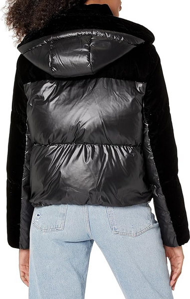 Marc New York Hooded Velvet Trim Short Puffer Jacket - Black