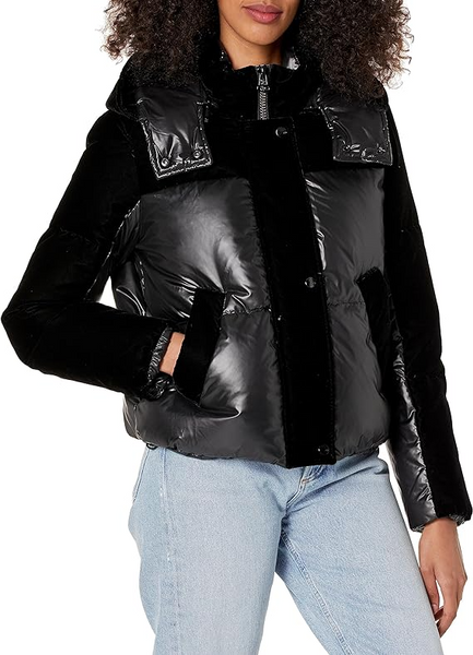 Marc New York Hooded Velvet Trim Short Puffer Jacket - Black