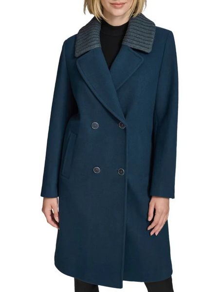 Andrew Marc Sloane Double Breasted Textured Twill Wool Blend Walker Coat - Midnight