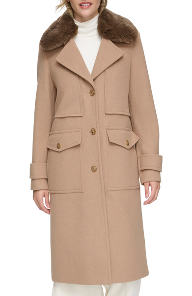 Andrew Marc Olpae Faux Fur Collar Wool Blend Coat - Camel