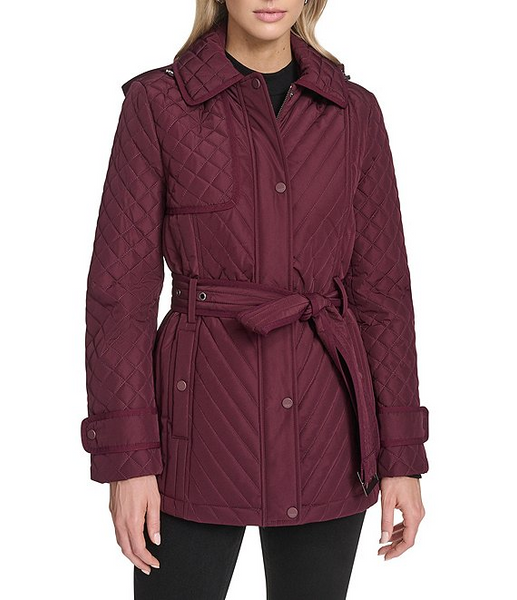 Andrew Marc Brinklee Belted Mixed Quilt Hooded Short Trench Coat - Aubergine