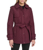 Image of Andrew Marc Brinklee Belted Mixed Quilt Hooded Short Trench Coat - Aubergine