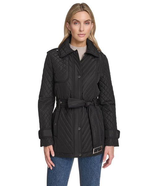 Andrew Marc Brinklee Belted Mixed Quilt Hooded Short Trench Coat - Black
