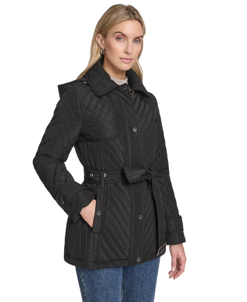 Andrew Marc Brinklee Belted Mixed Quilt Hooded Short Trench Coat - Black