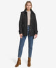 Image of Andrew Marc Brinklee Belted Mixed Quilt Hooded Short Trench Coat - Black