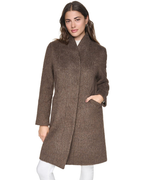 Andrew Marc Addison Stand Collar Eyelash Wool Blend Coat - Truffle
