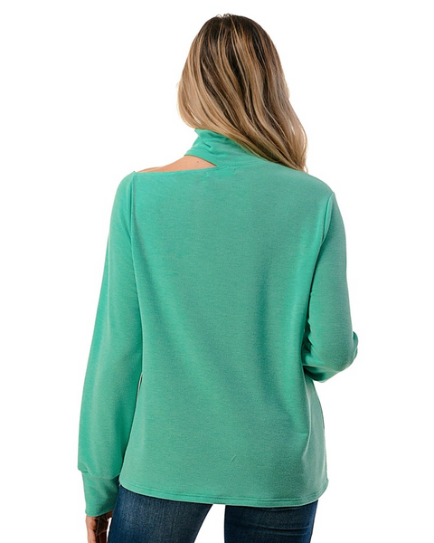 Ariella Cut-Out Detail Long Sleeve Mock Neck Top - Mint Green