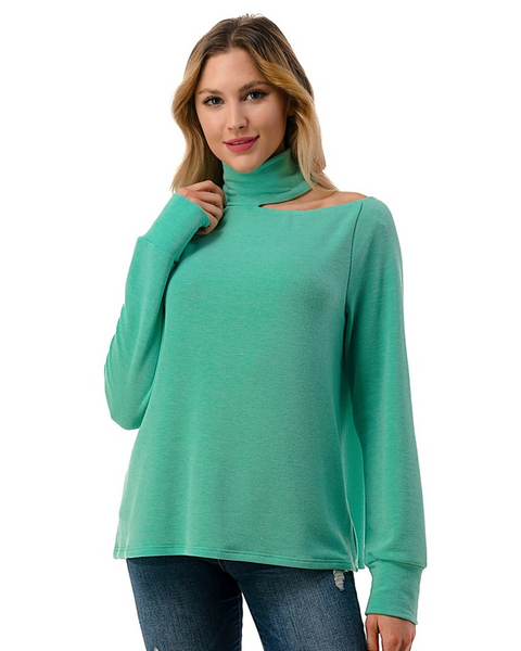 Ariella Cut-Out Detail Long Sleeve Mock Neck Top - Mint Green